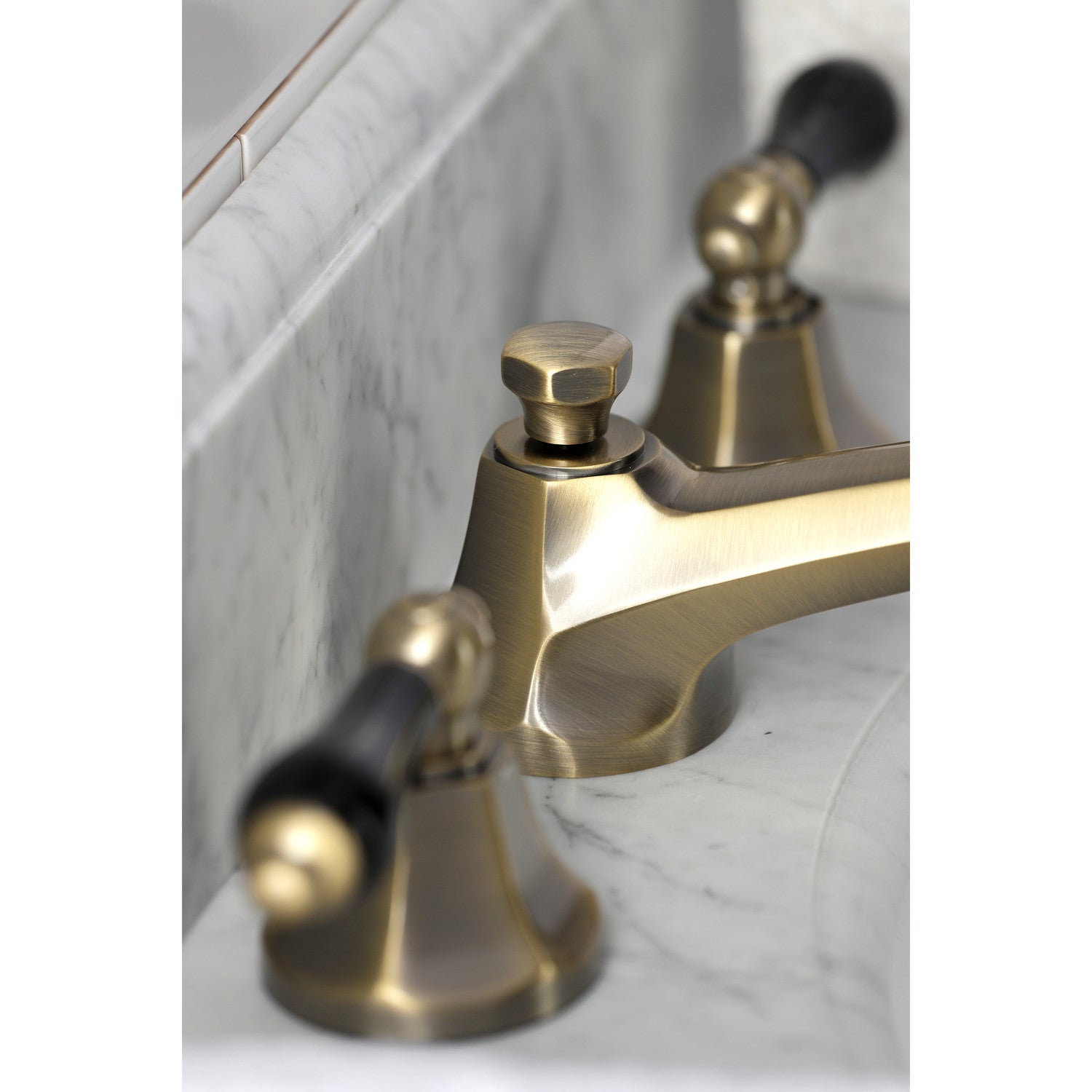 Kingston Tulare KS4463PKL - Duchess Two-Handle 3-Hole Deck Mount Widespread Bathroom Faucet with Brass Pop-Up, Antique Brass — thumbnail 3